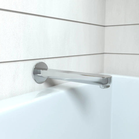 Tub Spout 9 Inch Premium 3 Inch Modern Chrome Spout With Universal Retrofit Easy Install Slick Chrome Finish For Easy Bathroom Upgrade Metris Style Durable Design mounted on bathroom wall.