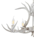 Close-up of Dope 26 Inch White Resin Faux Horn Antler Chandelier Rustic Farmhouse Hanging Light for dining room sloped ceiling