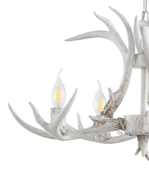 Close-up of Dope 26 Inch White Resin Faux Horn Antler Chandelier Rustic Farmhouse Hanging Light for dining room sloped ceiling