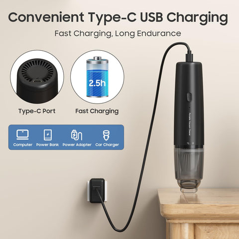 Cordless Handheld Vacuum Cleaner, Ultralight And Super Handy For One-Handed Cleanups, USB-C charging shown on table