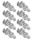 Eight heavy duty tire stud screws, featuring bulletproof tungsten steel, for ice traction on vehicles and forklifts.