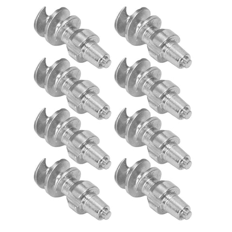 Eight heavy duty tire stud screws, featuring bulletproof tungsten steel, for ice traction on vehicles and forklifts.