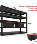 Heavy Duty Five Tier Garage Shelving Rack With 5000 Lbs Capacity Boltless Adjustable Metal Storage For Garage Warehouse Basement Shop Pantry 84 Inch High By 62 Inch Wide By 24 Inch Deep Black, shown with 27-gal totes