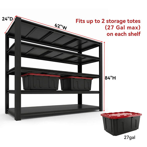 Heavy Duty Five Tier Garage Shelving Rack With 5000 Lbs Capacity Boltless Adjustable Metal Storage For Garage Warehouse Basement Shop Pantry 84 Inch High By 62 Inch Wide By 24 Inch Deep Black, shown with 27-gal totes