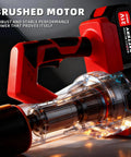 Close-up of 650 CFM Beast Mode Cordless Leaf Blower With 21V Battery Pack featuring brushed motor and ergonomic handle.