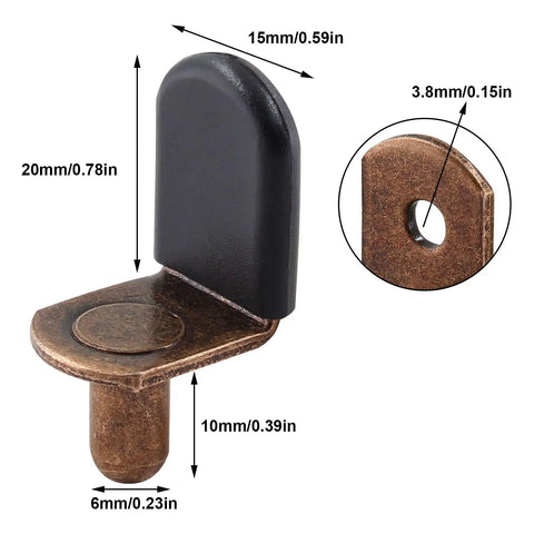 Hella Sturdy 30 Pack Cabinet Shelf Support Pegs Antique Bronze Heavy Duty Furniture Rest Pins showing adjustable wood hardware dimensions.