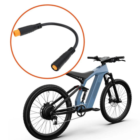 Two Pack 3 Pin Electric Bicycle Sensor Cables Waterproof Male To Female Connectors for E Bikes shown next to a blue e-bike