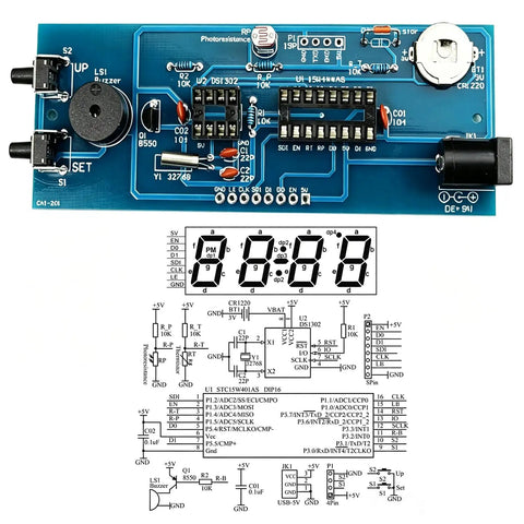 4 Digital Clock DIY Soldering Practice Kits With Color Display Electronics Build Alarm Clock Projects For Fun Learn Hands On Soldering Includes English Instructions Night Light Temperature Date And Week Display PCB with 4-button controls