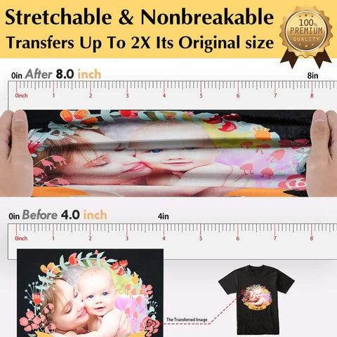 Dark T Shirt Transfer Paper Pack With 20 Sheets 8.5x11 And 2 Reusable Teflon Sheets displaying stretchable transfer on fabric