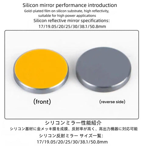 Five Layer Gold CO2 Laser Mirrors With Rock Solid Silicon Base High Reflectivity And Peelproof Electroplating For Desktop And Industrial Engravers Heavy Duty Zero Hassle Top Shelf Quality, showing front and reverse sides