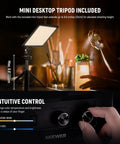 9 Inch LED Video Light Panel With Dimmable Output on Mini Desk Tripod, showing intuitive control interface and ambient setup