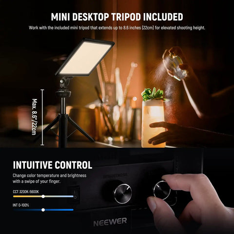 9 Inch LED Video Light Panel With Dimmable Output on Mini Desk Tripod, showing intuitive control interface and ambient setup