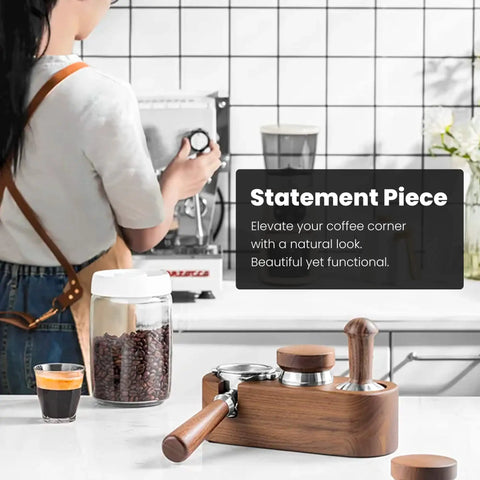 Wooden Espresso Tamper Holder Station with 3 Slots on countertop with coffee accessories, featuring dark walnut finish.