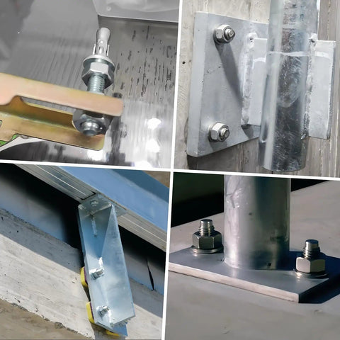 Collage showing Three Eighths Inch By Three Inch Wedge Anchor Set In 304 Stainless Steel used in various structural installations.