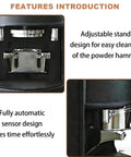 Features of Heavy Duty Electric Coffee Tamper 58mm, showcasing adjustable stand and automatic sensor design.