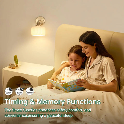 Mother and child reading under Vintage Battery Operated Wall Sconce with White Striped Glass Lampshade illuminating bedside.