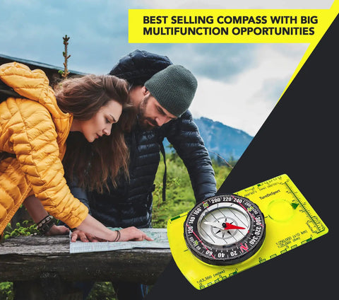 Couple using Orienteering Compass For Hiking And Camping, Pro-Grade Scout Tool For Map Reading And Navigation with acrylic baseplate