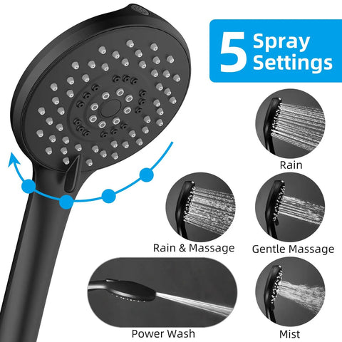 High Pressure 5 Function Handheld Shower Head With 70 Inch Stainless Steel Hose Matte Black showing 5 spray settings