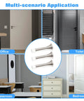 Six Pack 3.2 Inch Spring Door Stopper Heavy Duty Door Stop With Rust Proof Screws And Rubber Bumper Tips Wall Saver For Home Office And Kids Room Easy Install Satin Nickel Finish, shown in various room settings including office, toilet, classroom, and bedroom.
