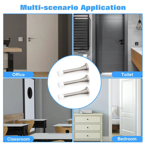 Six Pack 3.2 Inch Spring Door Stopper Heavy Duty Door Stop With Rust Proof Screws And Rubber Bumper Tips Wall Saver For Home Office And Kids Room Easy Install Satin Nickel Finish, shown in various room settings including office, toilet, classroom, and bedroom.