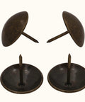 Heavy Duty Antique Brass Upholstery Tacks For Diy Furniture Repair Leather Crafting Auto Interiors Includes Thirty Solid Metal Clavos With Round Heads That Grip Tight Without Splitting Wood For A Sick Makeover Fix - Close-up of two round-headed brass tacks.