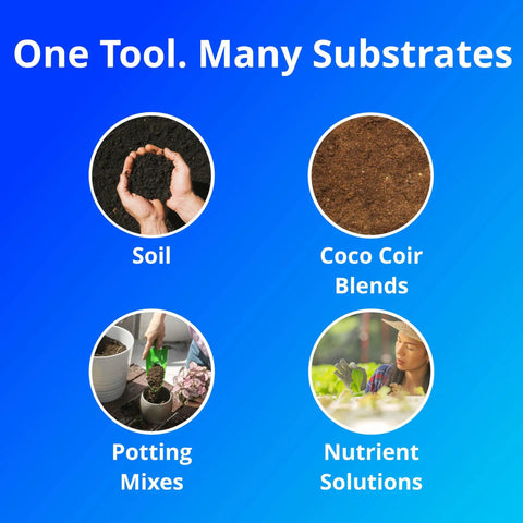 Various substrates including soil, coco coir, potting mixes, and nutrient solutions for Pulse Meter Handheld Soil Tester With TDS Moisture And Temperature Readings From The Root Zone For Real Time Plant Health Game Changer Easy Android Sync And Fast Accurate Measurements For Indoor Grow Tents Hydroponics And Field Soil.