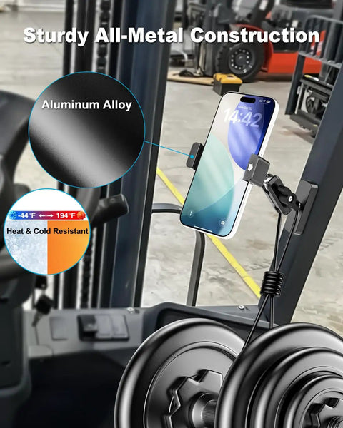 Heavy Duty Magnetic Forklift Phone Mount With Rock Solid N56 Magnet That Locks In Tight For Operator Console shown with aluminum alloy and heat resistance.