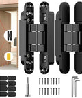 Seven Inch Black Hidden Door Hinges For Secret Rooms And Bookcase Doors Slick Invisible Folding Hardware with installation tools.