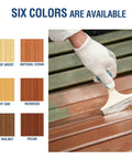 Person applying Redwood Wood Stain And Sealer In One, 1 Gallon Heavy Duty Finish on timber surface, showcasing color options.