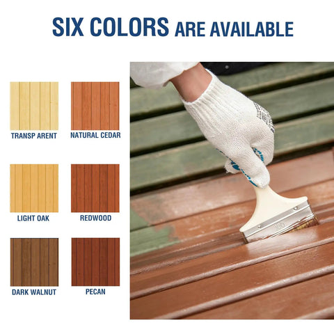 Person applying Redwood Wood Stain And Sealer In One, 1 Gallon Heavy Duty Finish on timber surface, showcasing color options.
