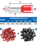 Diagram and contents of 200 Piece Insulated Wire Ferrule Kit for 8 AWG, includes 100 red and 100 black ferrule connectors