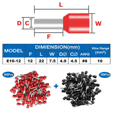 Diagram and contents of 200 Piece Insulated Wire Ferrule Kit for 8 AWG, includes 100 red and 100 black ferrule connectors