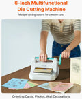 Person using the All In One Manual Die Cutting And Embossing Machine For Scrapbooking And Card Making, 6-inch portable craft machine.