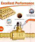 Five Sixteenth Inch Mini Brass Barbed Ball Valve For Air Fuel Gas Water Tubing Pack Of Two Dope Irrigation Piping Systems And Residential And Commercial Use Underground And Behind Walls, shown with brass material and corrosion resistance.