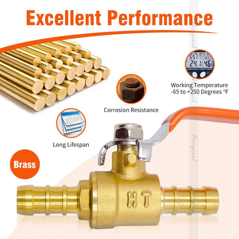 Five Sixteenth Inch Mini Brass Barbed Ball Valve For Air Fuel Gas Water Tubing Pack Of Two Dope Irrigation Piping Systems And Residential And Commercial Use Underground And Behind Walls, shown with brass material and corrosion resistance.