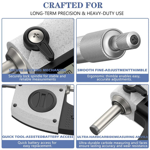 Dual-Mode Outside Micrometer With Digital And Mechanical Readout, Easy Switch, 0-1 Inch And 0-25.4 Mm, Ultra-Precise 0.00005 Inch And 0.001 Mm, Large LCD Display, Pro-Grade Machinist Thickness Gauge With Protective Case, lock and thimble close-up