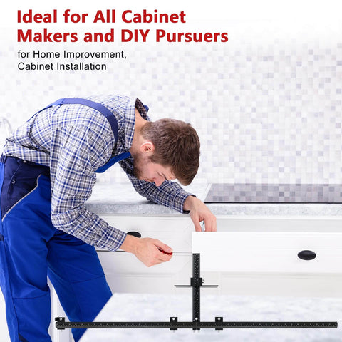 Person using 44 Inch Cabinet Hardware Jig Kit With 16 Inch Handle Jig And Auto Center Punch Aluminum Alloy Template Drill Guide
