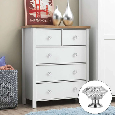 White dresser with 20 Pack Crystal Cabinet Knobs for Cabinets and Drawers, Diamond Shaped Silver Pull Handles, 30mm Diameter Glass