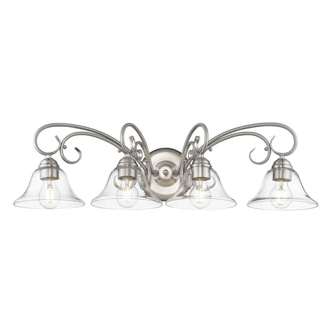 Totally Cozy Transitional Vanity Light In Pewter Finish With Clear Glass For A Modern Bath Decor, Delivers Diffused Illumination Over Vanity Or Mirror, Homestead Bath Fixture showcasing a four-light design and scrollwork details.