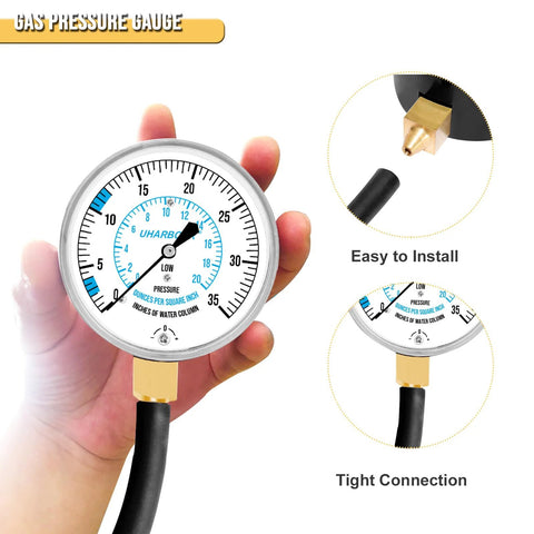 UHARBOUR manometer gas pressure tester gauge with brass fitting, 0-35 in W.C. range, 1/8 in NPT, 40 in hose.
