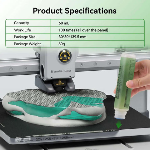 Rock Solid 60ML 3D Printer Adhesive Glue being applied on a Bambu Lab 3D printer bed with product specifications shown