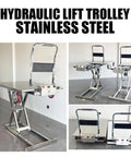 Heavy Duty Electric Hydraulic Lift Cart With 660 Lbs Capacity Stainless Steel Scissor Platform, shown in multiple angles.