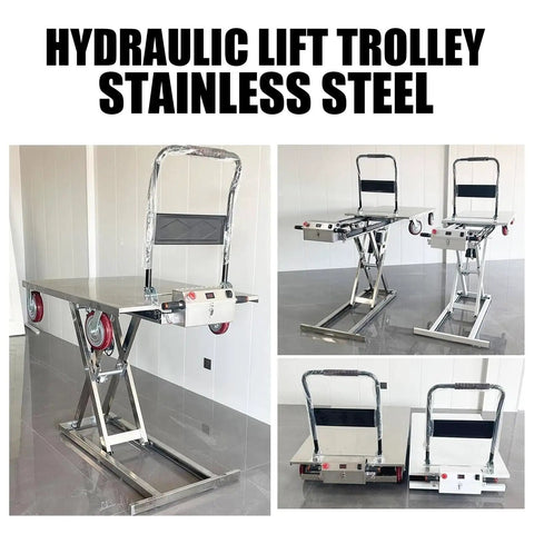 Heavy Duty Electric Hydraulic Lift Cart With 660 Lbs Capacity Stainless Steel Scissor Platform, shown in multiple angles.