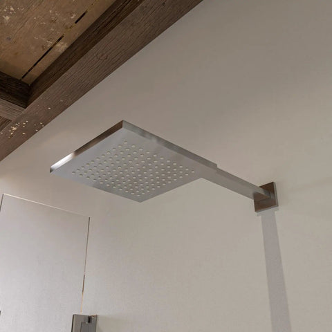 HomeStock Modern Square Solid Brass Shower System with Wall Mount Installation and Brushed Nickel Finish, overhead view of showerhead.