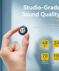 Hand holding Lark M2 Wireless Lavalier Microphone for iPhone, Android, Cameras and PCs with Lightning or USB C Plug, showing studio-grade sound quality