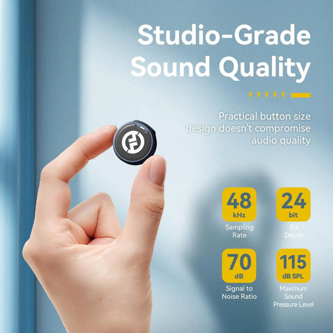 Hand holding Lark M2 Wireless Lavalier Microphone for iPhone, Android, Cameras and PCs with Lightning or USB C Plug, showing studio-grade sound quality