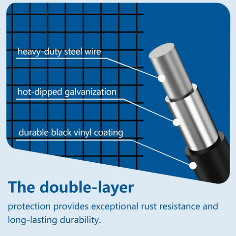 Cross-section illustration of 1/2 Inch 19 Gauge PVC Coated Hardware Cloth Wire Mesh Roll showing steel wire and vinyl coating layers.