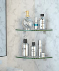 No-Drill Corner Shower Shelf Kit, 9.5 X 9.5 Inch Tempered Glass Shelves with Aluminum F Design Brackets holding bathroom items