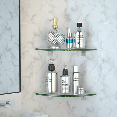 No-Drill Corner Shower Shelf Kit, 9.5 X 9.5 Inch Tempered Glass Shelves with Aluminum F Design Brackets holding bathroom items