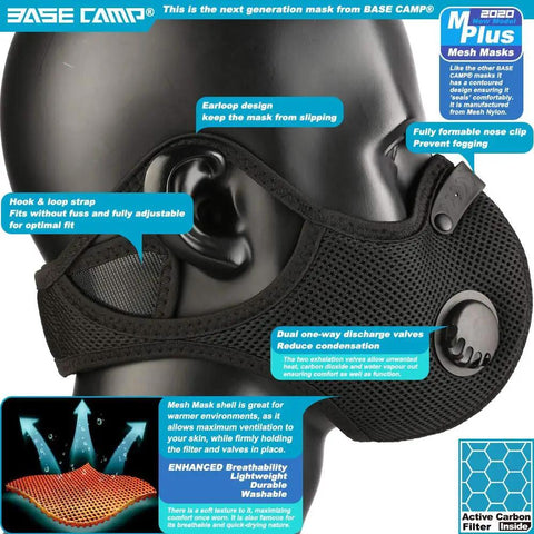 Black reusable dust face mask with six activated carbon filters for woodworking and cycling, showing adjustable earloop and nose clip.